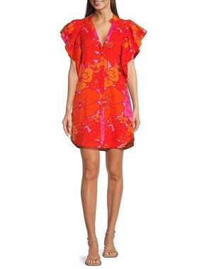 J.Marie Lizzie Mandarin Collar Short Sleeve Ruffle Hem Shirt Dress